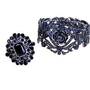 Black Romantic Goth Filigree Rose Bracelet and Sparkly Cocktail Ring Set